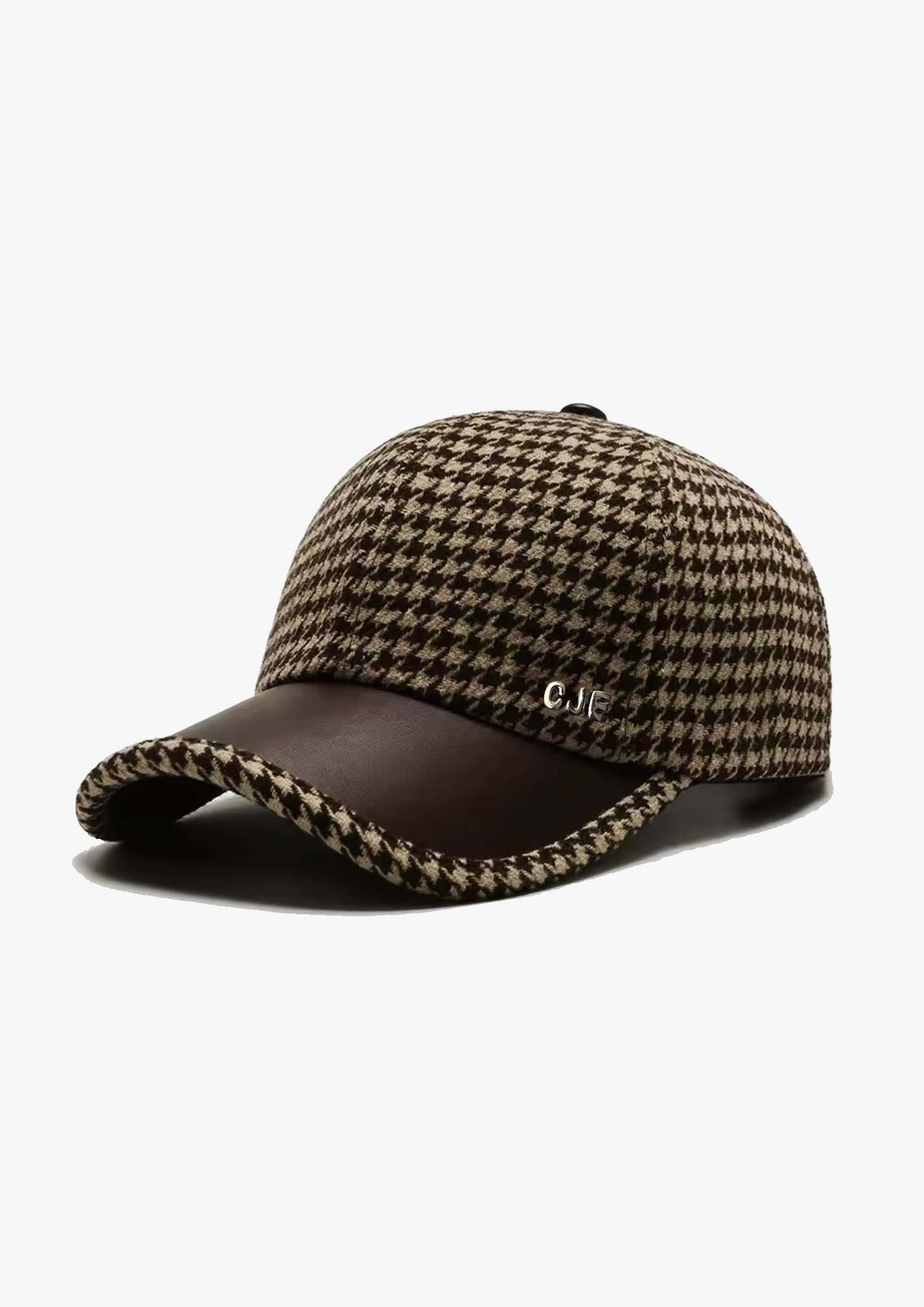 Silver CJE Embellished Brown Houndstooth Cap